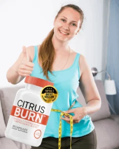 Smiling woman showing Citrus Burn supplement bottle while measuring her waist