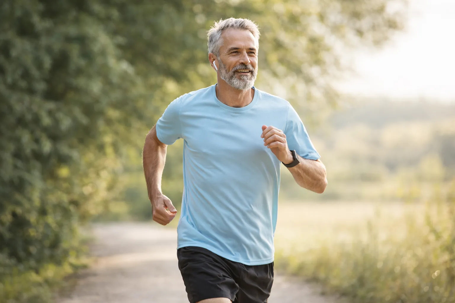 middle aged man running outdoors pain free after using TheraWolf Neuro Balm for joint and nerve relief