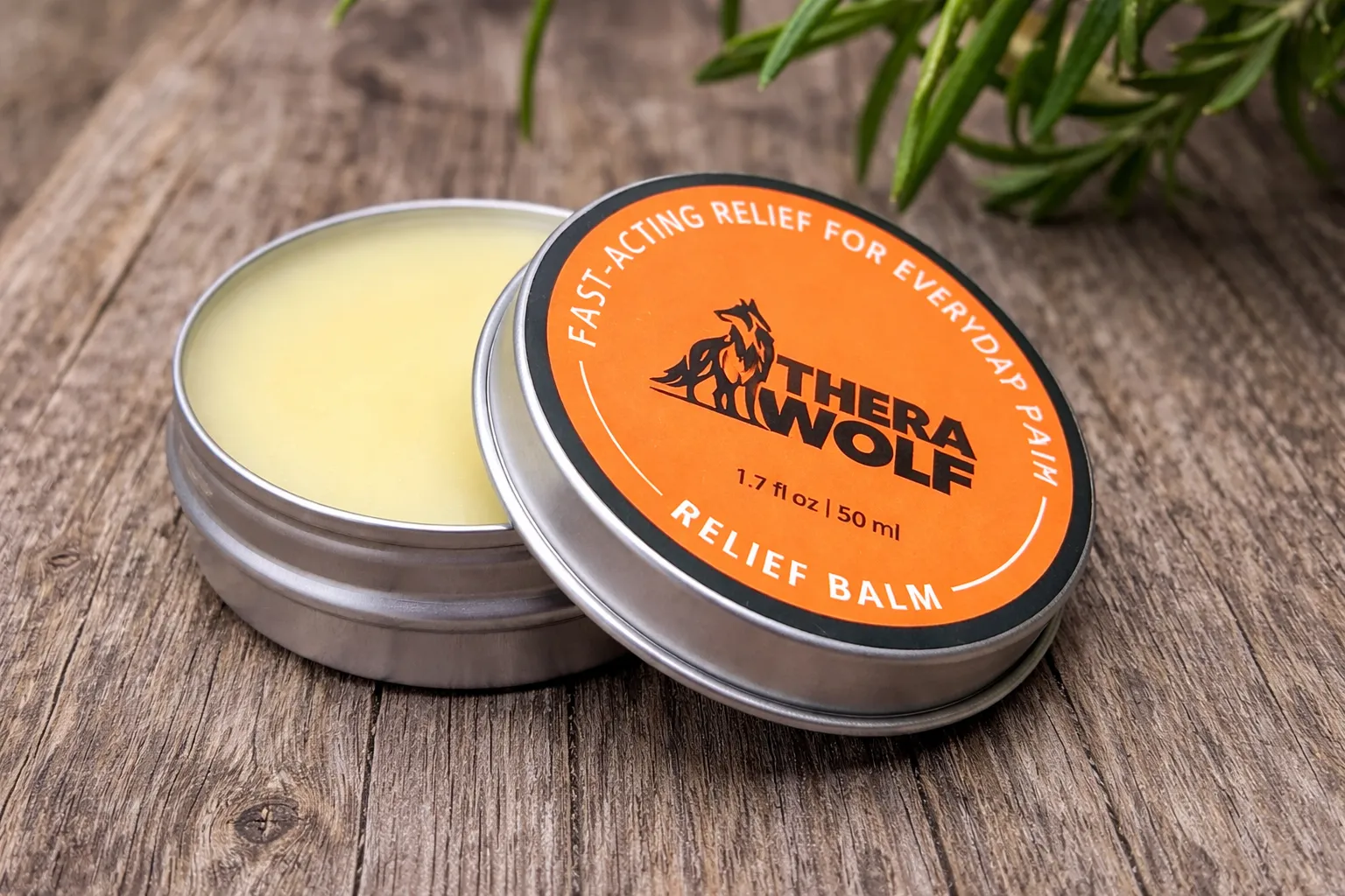 TheraWolf Neuro Balm pain relief cream jar on wooden surface for nerve pain and tingling relief
