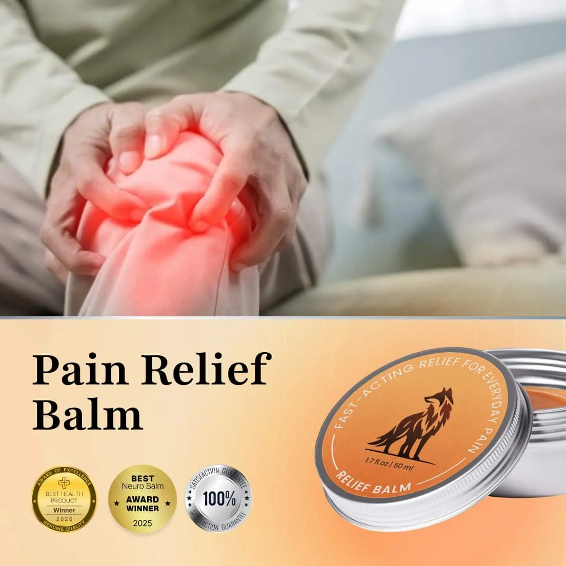 knee pain relief balm with TheraWolf Neuro Balm jar and person holding painful knee