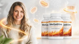 WeGoSlim supplement bottles with a smiling woman and glowing cellular energy visuals representing metabolism and mitochondrial support