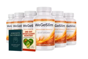 WeGoSlim weight loss supplement bottles with bonus guides for metabolism and detox support